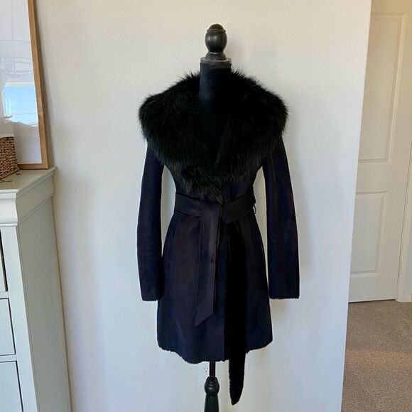 Faux fur trim shearling winter Coat, deep navy blue, XS - Picture 2 of 7